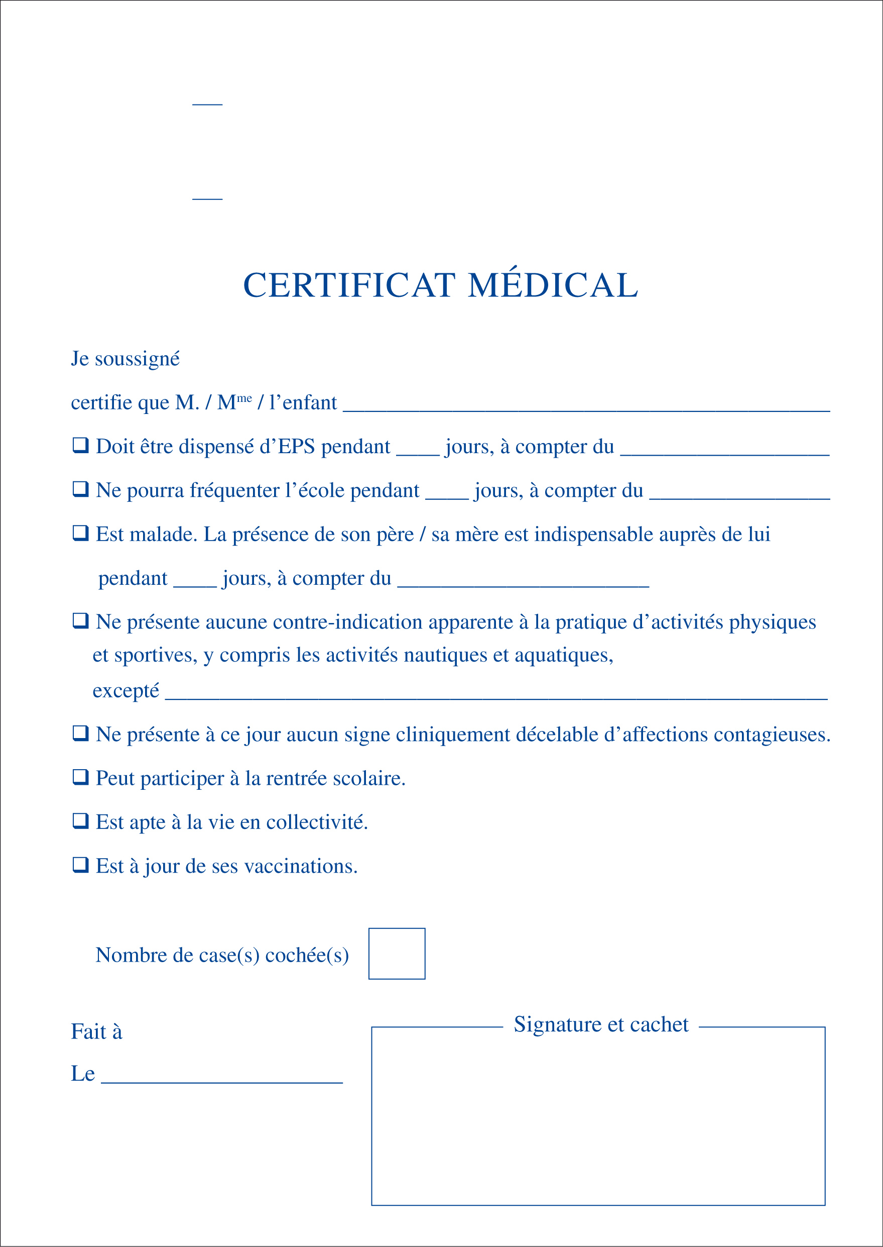 Certificat médical préimprimé format A5 (148 x 210).
